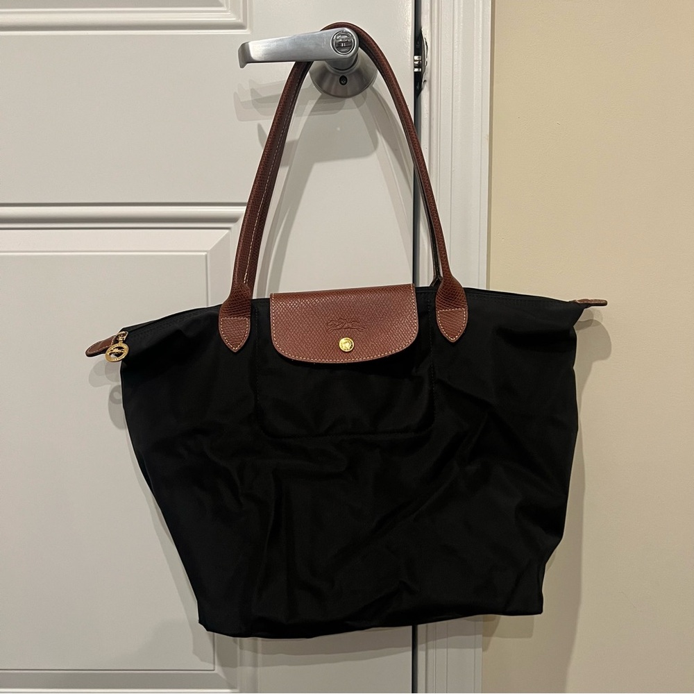 Longchamp Black Tote Bag with Brown Leather Trim